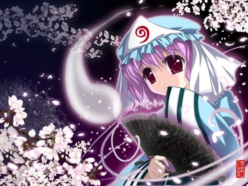 Anime Girl with Fan — Purple, Serene, Night, Cherry Blossoms
