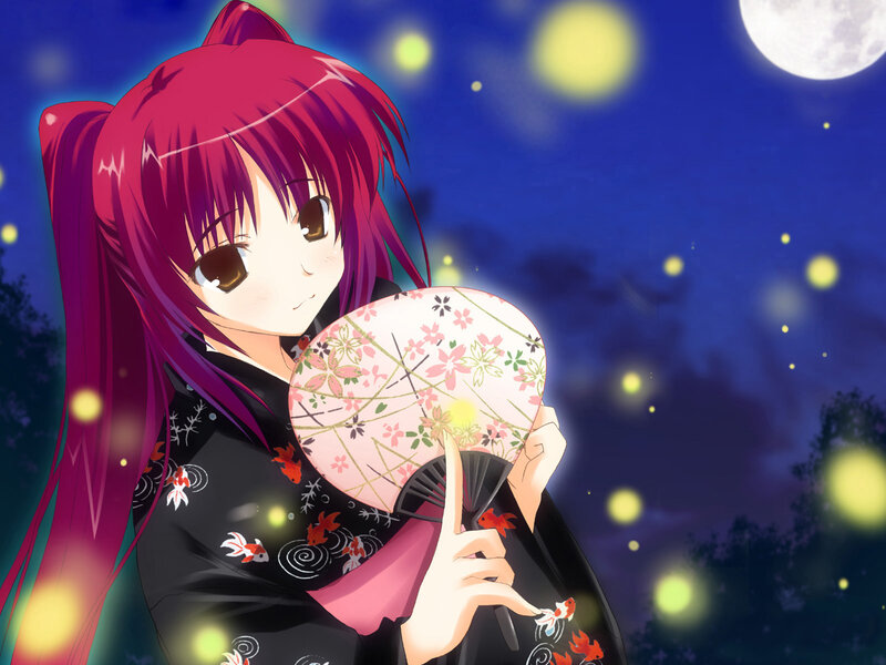Anime Girl with Fan — Purple, Serene, Night, Moon