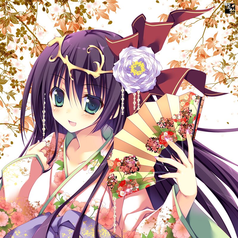 Anime Girl with Fan — Purple, Serene, Spring, Kimono