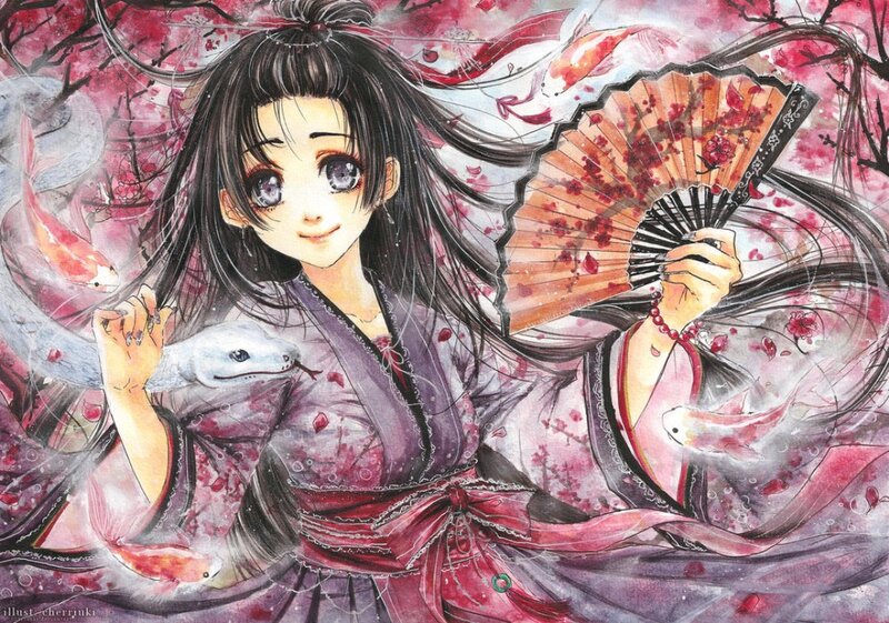 Anime Girl with Fan — Purple, Serene, Spring, Manga
