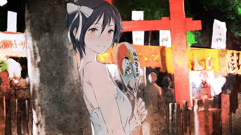 Anime Girl with Fan — Red, Calm, Night