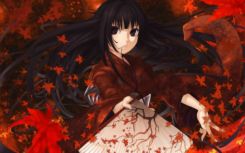 Anime Girl with Fan — Red, Dramatic, Autumn