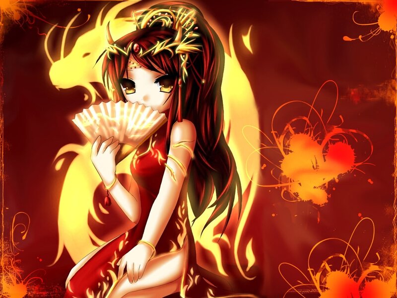 Anime Girl with Fan — Red, Dramatic, Digital Art