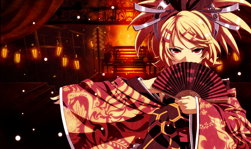 Anime Girl with Fan — Red, Dramatic, Night, Kimono