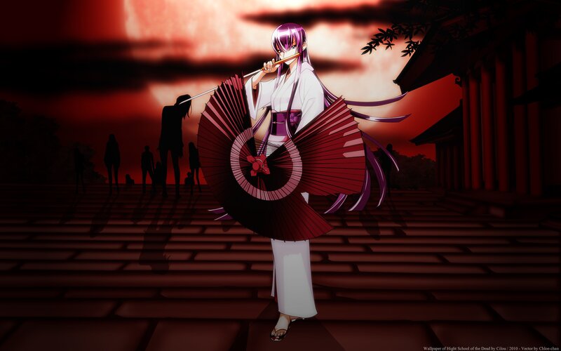Anime Girl with Fan — Red, Dramatic, Sunset
