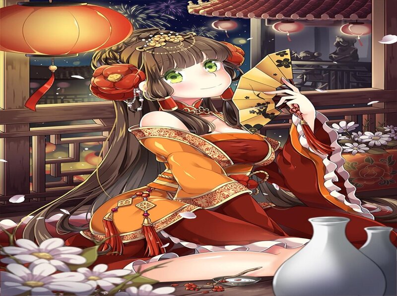 Anime Girl with Fan — Red, Festive