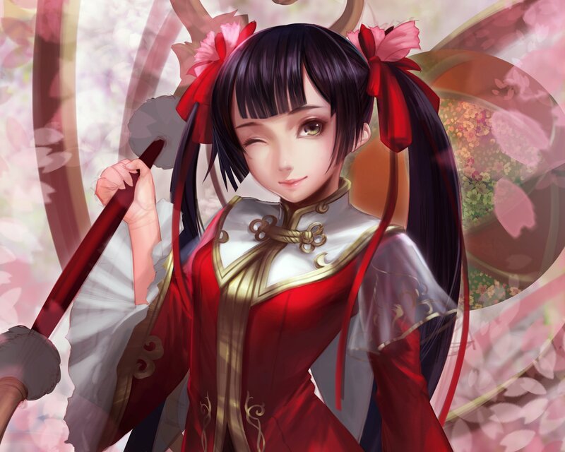 Anime Girl with Fan — Red, Serene, Spring, Digital Art, Sakura