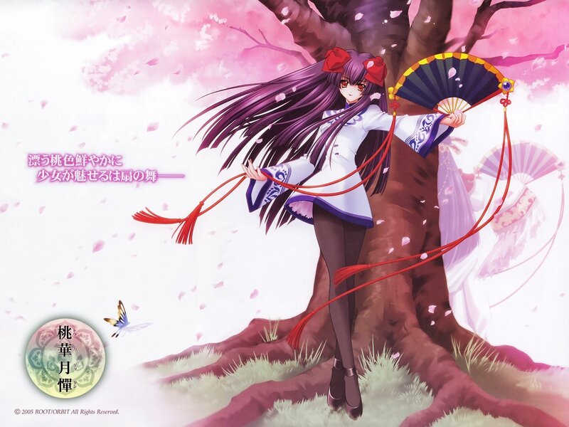 Anime girl with fan under cherry blossoms