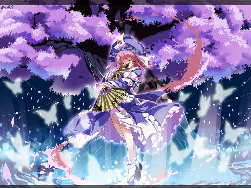 Anime girl with fan under cherry blossoms