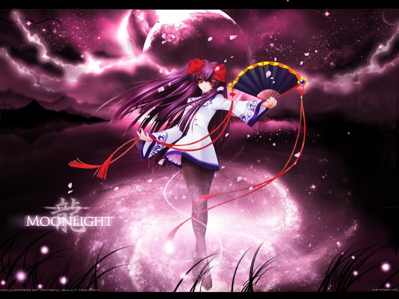 Anime girl with fan under moonlight