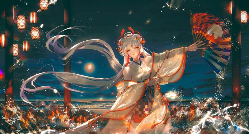 Anime Girl with Fan — White, Dramatic, Night