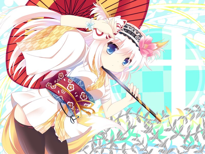 Anime Girl with Fan — White, Playful