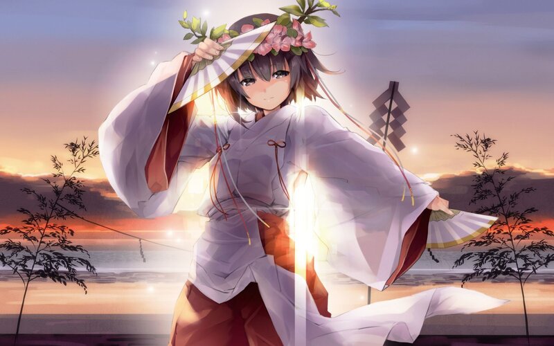 Anime Girl with Fan — White, Serene, Sunset