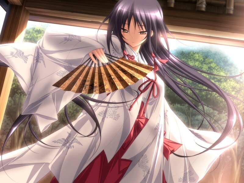 Anime Girl with Fan — White, Serene