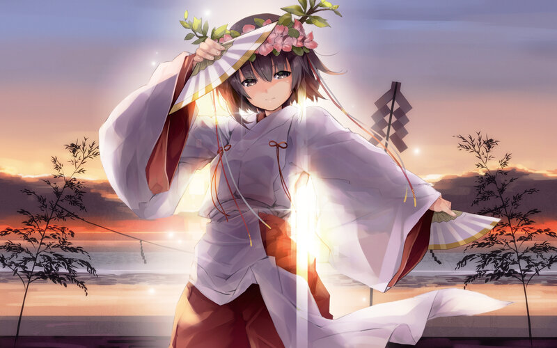 Anime Girl with Fan — White