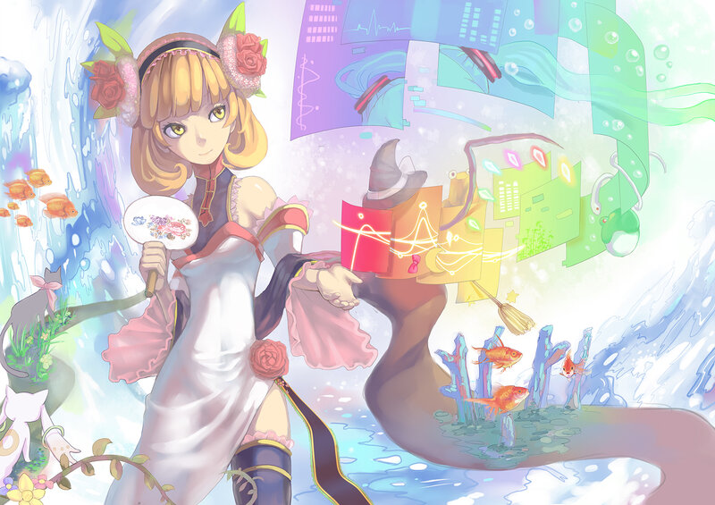 Anime Girl with Fan — White, Whimsical