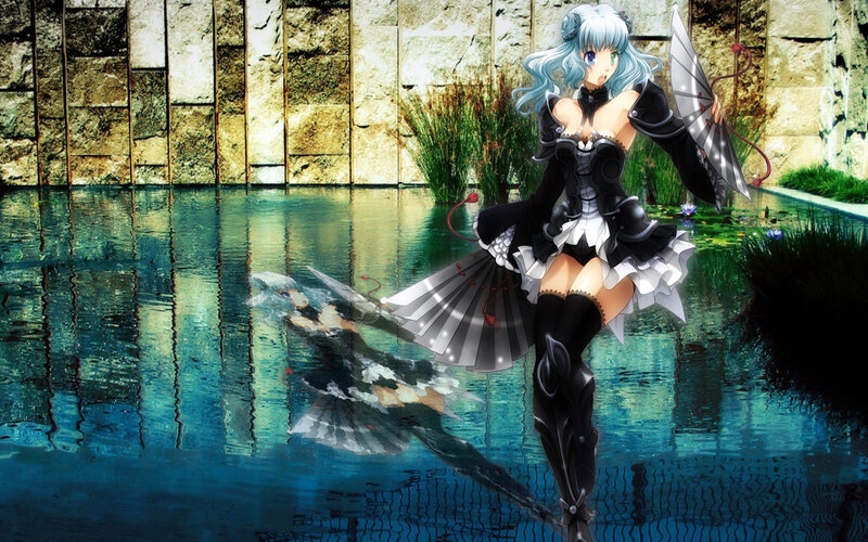 Anime Girl with Fans — Blue, Dramatic