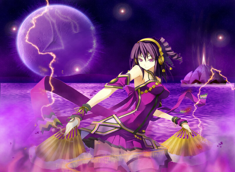 Anime girl with fans in purple landscape