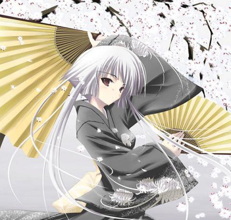 Anime Girl with Fans — White, Serene, Spring