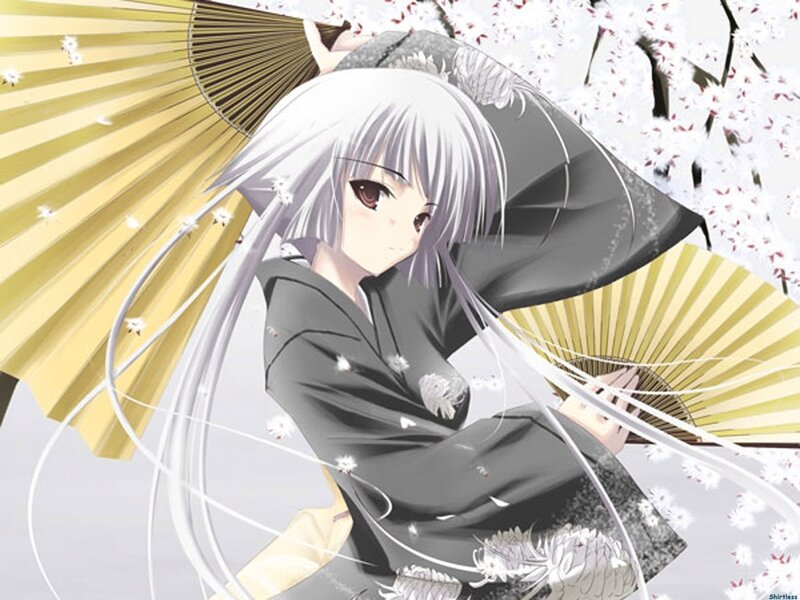 Anime Girl with Fans — White, Serene