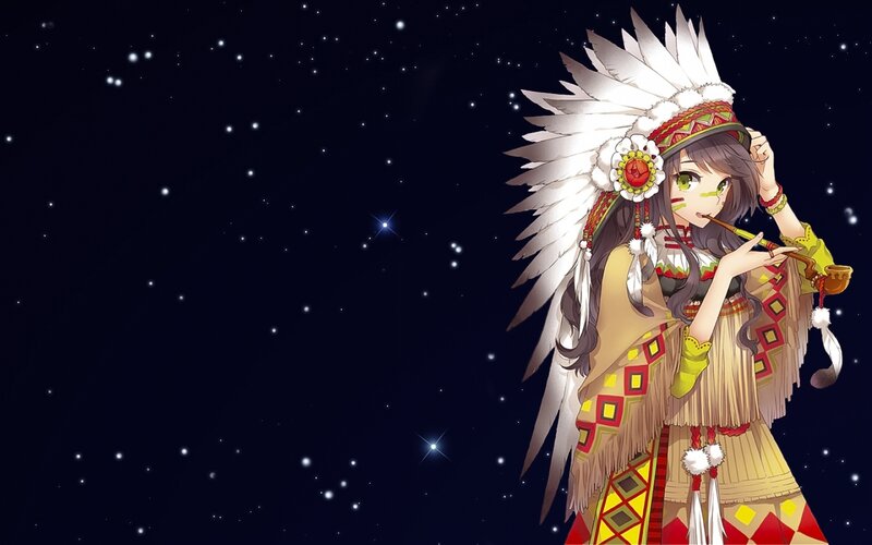 Anime Girl with Feather Headdress — Black