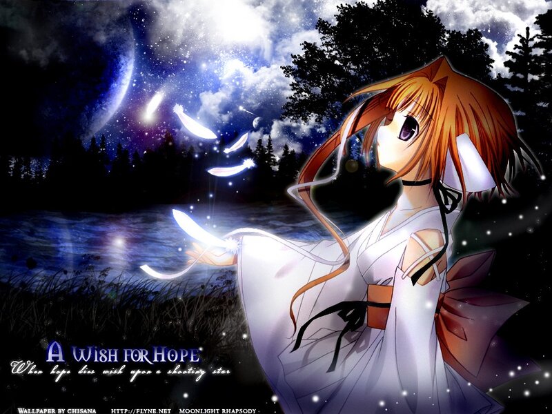 Anime girl with feathers at night