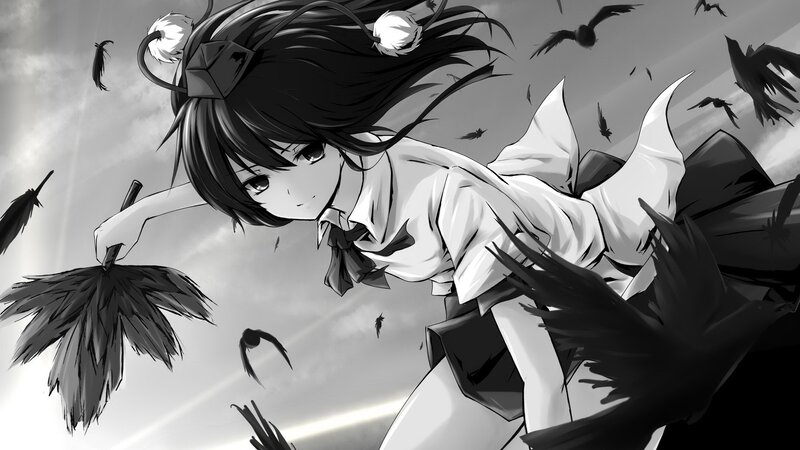 Anime Girl with Feathers — Black, Dramatic, Manga