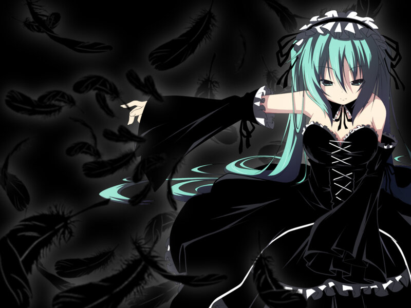 Anime Girl with Feathers — Black, Dramatic, Night, Digital Art