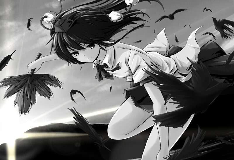Anime Girl with Feathers — Black, Dramatic