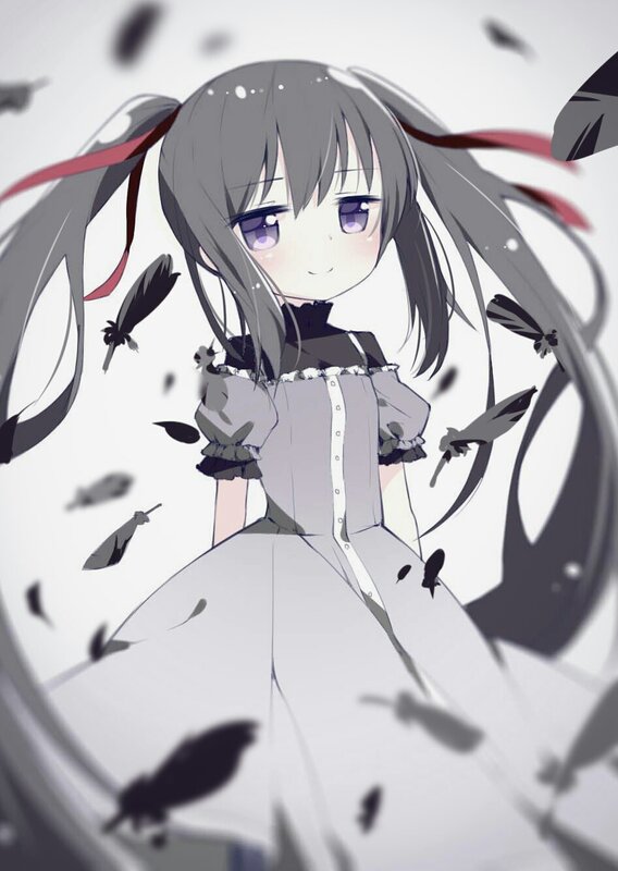 Anime Girl with Feathers — Gray