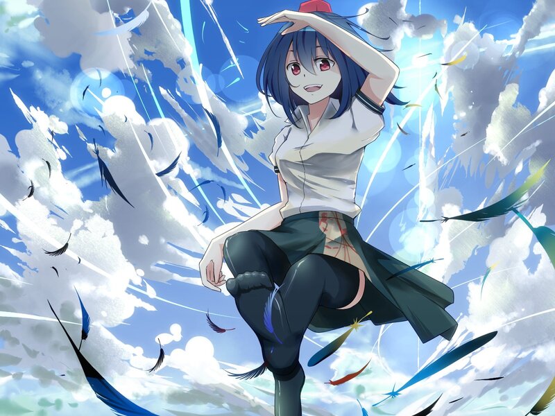 Anime girl with feathers in sky