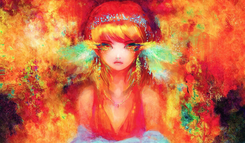 Anime Girl with Feathers — Red, Dramatic