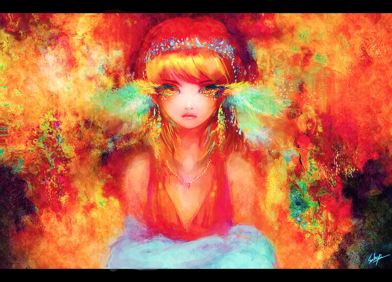 Anime Girl with Feathers — Red