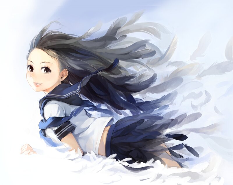 Anime Girl with Feathers — White, Serene