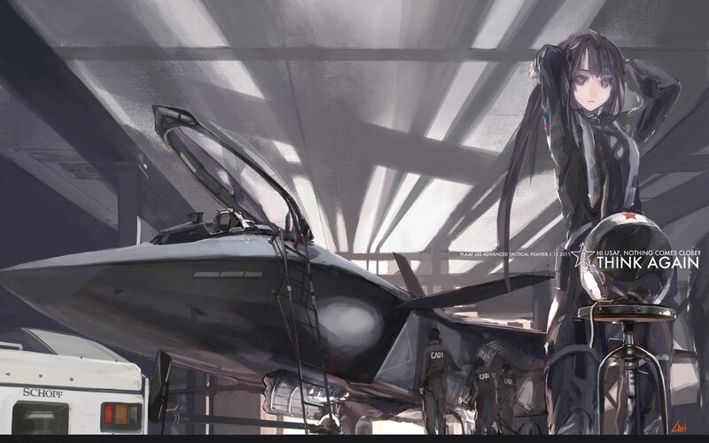 Anime Girl with Fighter Jet — Gray
