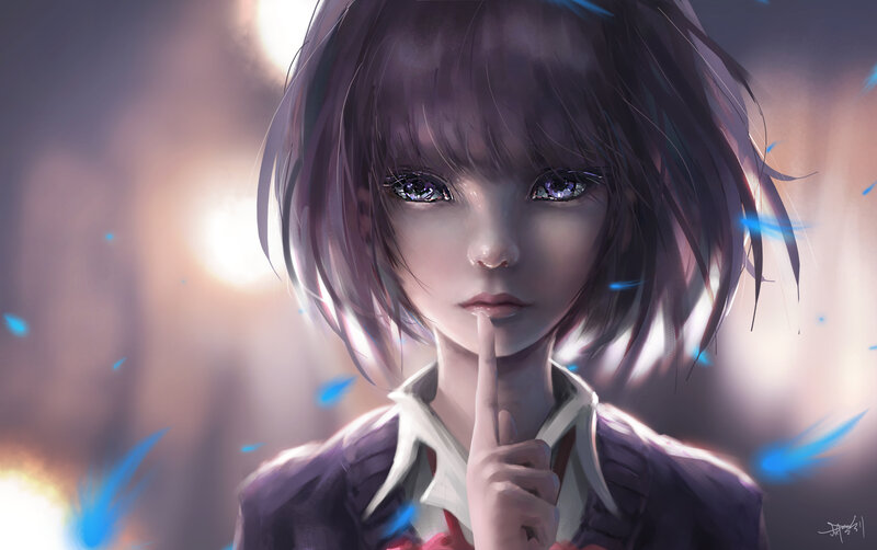 Anime Girl with Finger to Lips — Purple, Dramatic