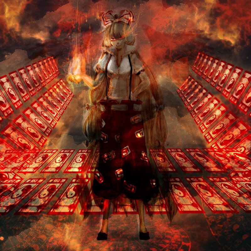 Anime girl with fire and cards