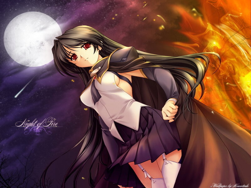 Anime girl with fire and moon