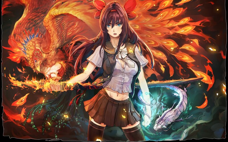 Anime girl with fire and water dragons