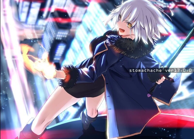 Anime Girl with Fire — Blue, Dramatic, Night
