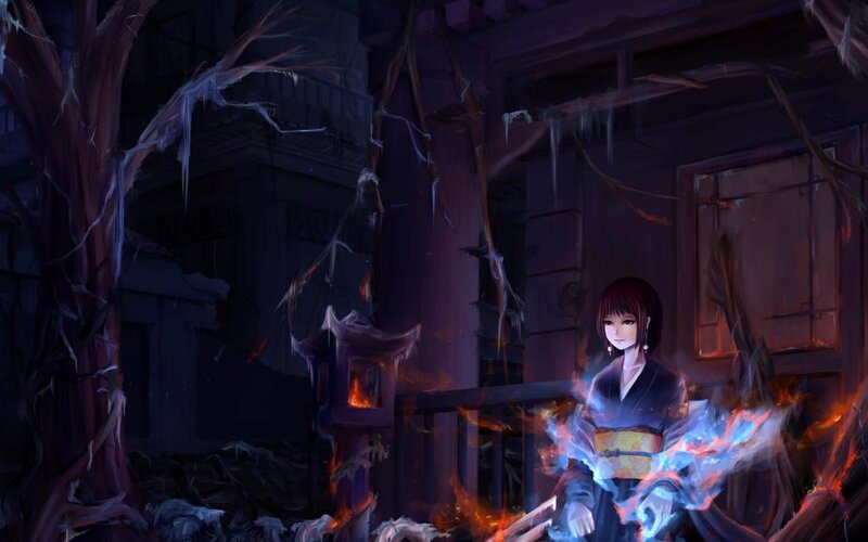 Anime Girl with Fire — Blue, Dramatic