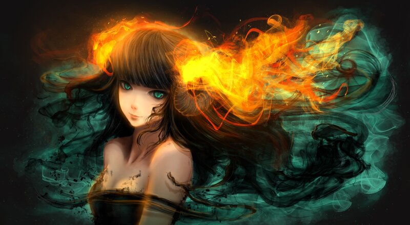 Anime Girl with Fire Hair — Black