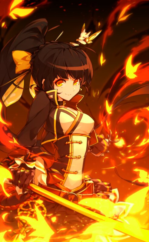 Anime Girl with Fire — Orange, Dramatic, Digital Art, Sword
