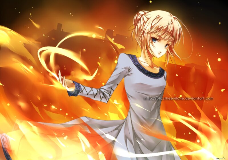 Anime Girl with Fire — Orange, Dramatic, Night