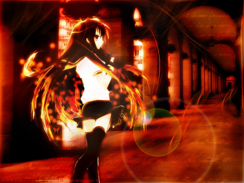 Anime Girl with Fire — Red, Dramatic, Night, Digital Art, Arches
