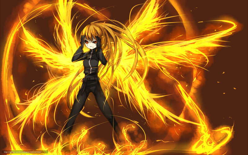 Anime Girl with Fire Wings — Yellow, Dramatic, Digital Art