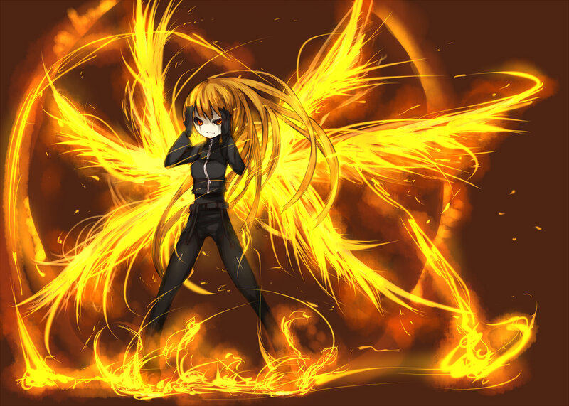 Anime Girl with Fire Wings — Yellow