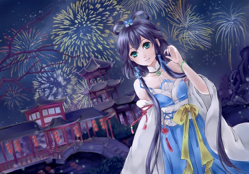 Anime girl with fireworks