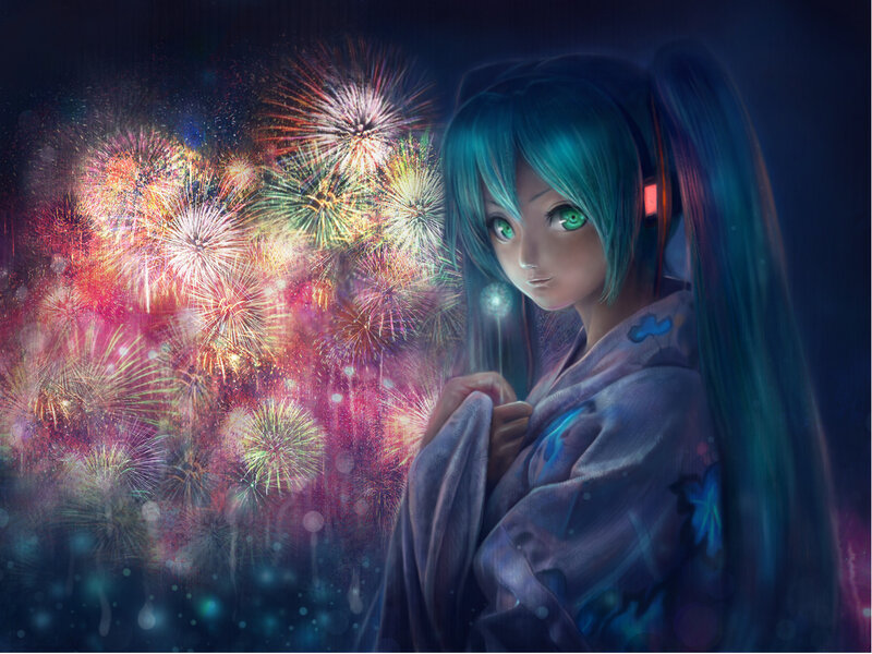 Anime Girl with Fireworks — Blue, Dramatic, Night, Digital Art, Kimono, Headphones