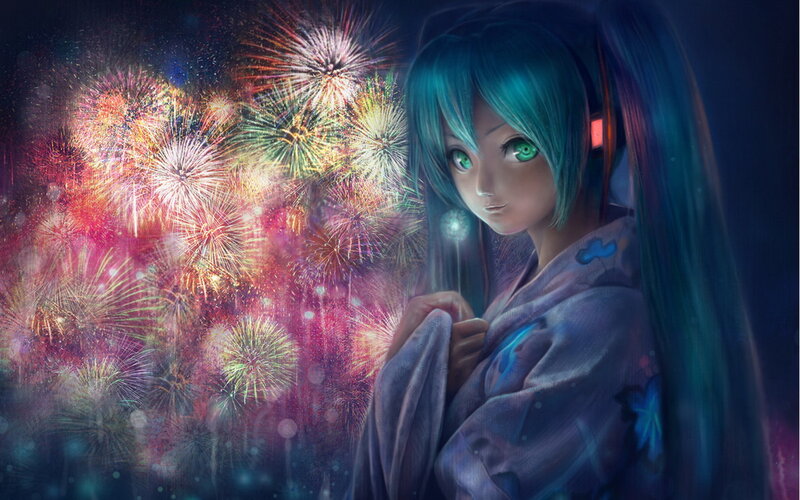 Anime Girl with Fireworks — Blue, Dramatic, Night, Digital Art